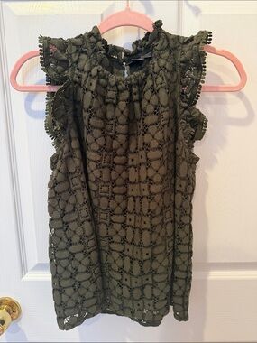 Anthropologie Maeve Olive Crochet Lace Ruffled Neck Top